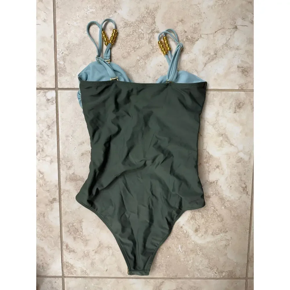 Amazon small NWOT green blue cut out stomach gold accents one piece - Picture 3 of 4